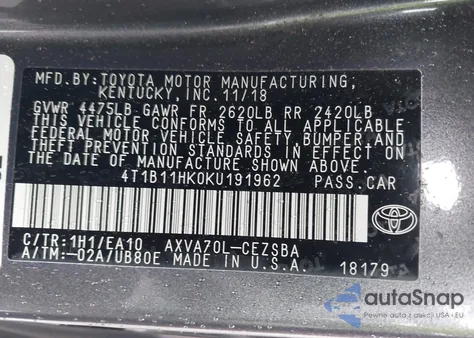 2019 Toyota Camry Se from USA, damaged, VIN 4T1B11HK0KU191962